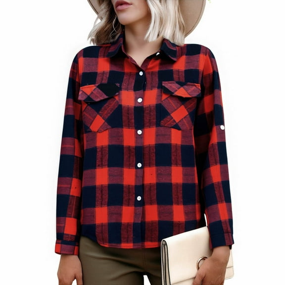 Levmjia Womens Shirt Plaid Print Long Sleeve Blouse Lapel Elastic Knitted V Neck Tops Elegant Button Down For Work Office Business Casual Outfit