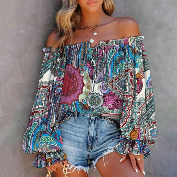 Levmjia Womens Shirts Clearance,Tops Plus Size Summer Casual Printing Long Sleeve Off-The-Shoulder Tops Loose Blouses