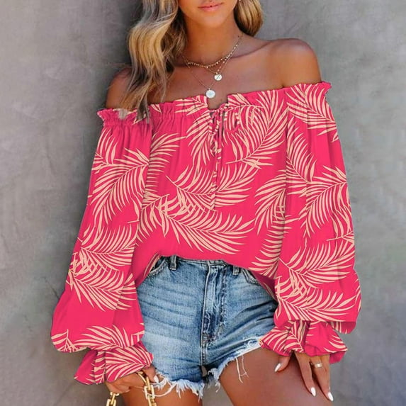 Levmjia Womens Shirts ,Tops Plus Size Summer Casual Printing Long Sleeve Off-The-Shoulder Tops Loose Blouses