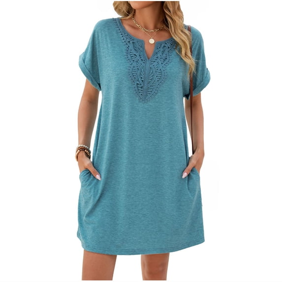 Levmjia Womens Short Sleeve Nightgown V Neck Lace Trim Solid Color Loose Mini Dress With Side Pockets Home Sleep Casual Lightweight Comfortable Daily Indoor Leisure Wear