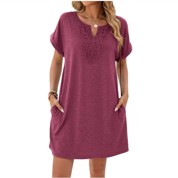 Levmjia Womens Short Sleeve Nightgown V Neck Lace Trim Solid Color Loose Mini Dress With Side Pockets Home Sleep Casual Lightweight Comfortable Daily Indoor Leisure Wear