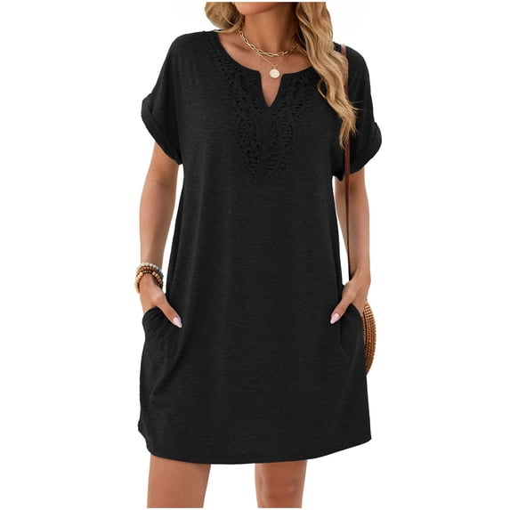 Levmjia Womens Short Sleeve Nightgown V Neck Lace Trim Solid Color Loose Mini Dress With Side Pockets Home Sleep Casual Lightweight Comfortable Daily Indoor Leisure Wear