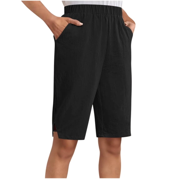 Levmjia Womens Shorts Casual Cotton Linen Solid Color High Waist Elastic Waist Polyester Comfy Yoga Pants With Pockets Everyday Wear Summer Vacation