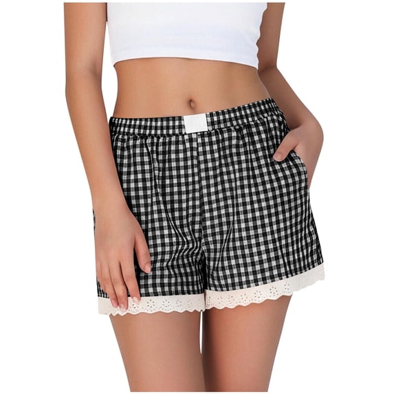 Levmjia Womens Sleeping Shorts Plaid Elastic Waist Casual Polyester Pants With Lace Splice Pockets Comfortable Sleepwear Home Beach and Daily Wear Summer