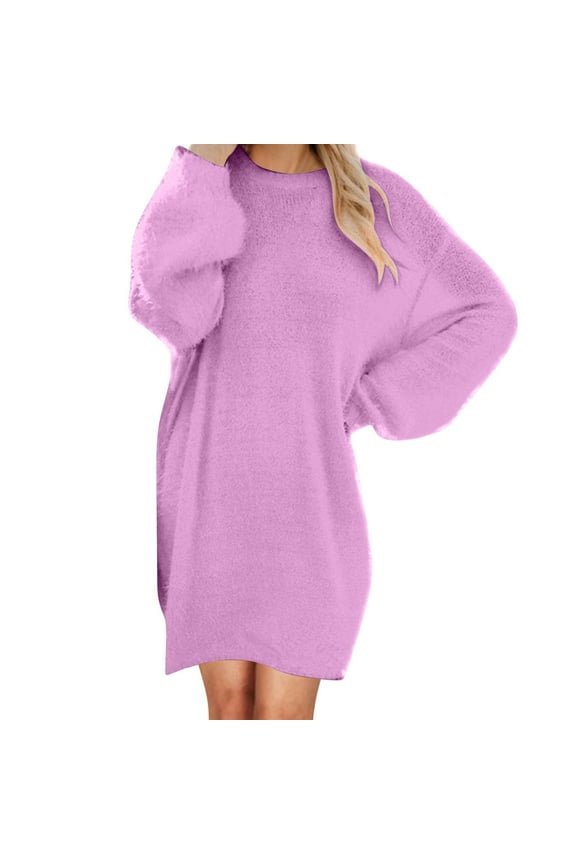 Womens Sleepwear Nightgown Round Neck Plush Mid Length Cotton Long Sleeve Comfortable Loose Fit Sleep Dress Soft Breathable
