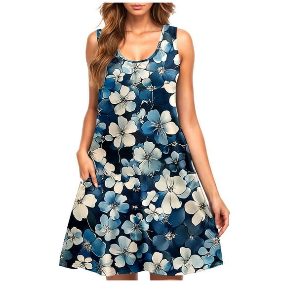 Levmjia Womens Sleeveless Floral Dress Casual Summer Cotton Spaghetti Strap Round Neck Loose Fit Beach Vacation Sun Dress Multi Color Option