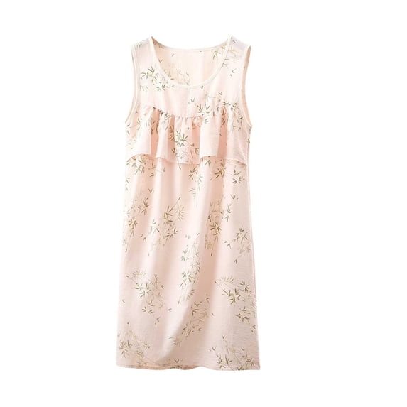 Levmjia Womens Sleeveless Nightgown Round Neck Floral Print Ruffle Spliced Loose Mini Dress Home Sleep Casual Floral Pattern Lightweight Comfortable Daily Indoor Leisure Wear