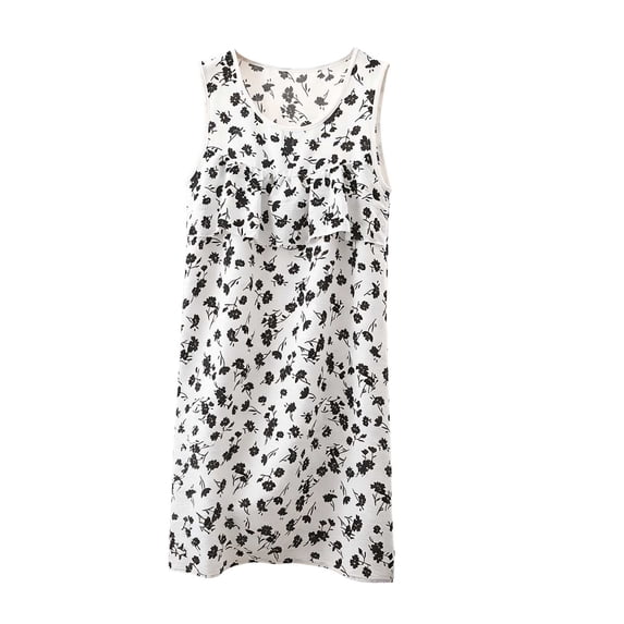 Levmjia Womens Sleeveless Nightgown Round Neck Floral Print Ruffle Spliced Loose Mini Dress Home Sleep Casual Floral Pattern Lightweight Comfortable Daily Indoor Leisure Wear