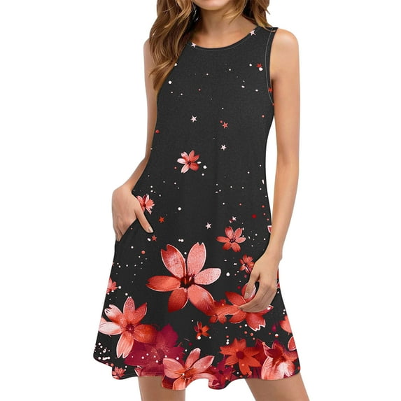 Levmjia Womens Sleeveless Summer Dress Casual Floral Round Neck Loose Fit Cotton Comfortable Beach Vacation Outfit Multi Color Options