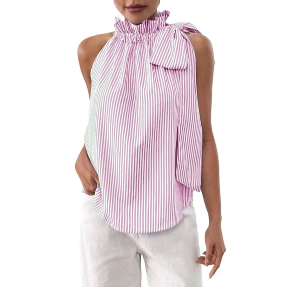Levmjia Womens Sleeveless Tank Tops Lightweight Ruffled Halter Neck Striped Drawstring Loose Fit Casual Blouses Breathable Summer Shirts Daily Shopping Beach Holiday