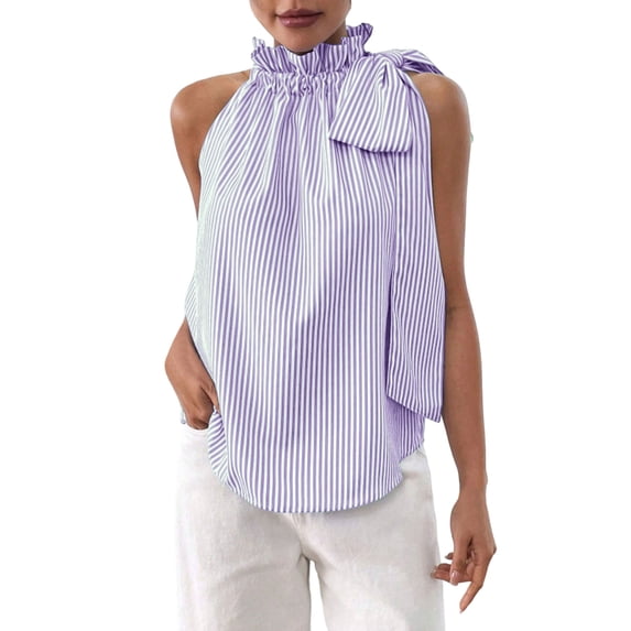 Levmjia Womens Sleeveless Tank Tops Lightweight Ruffled Halter Neck Striped Drawstring Loose Fit Casual Blouses Breathable Summer Shirts Daily Shopping Beach Holiday