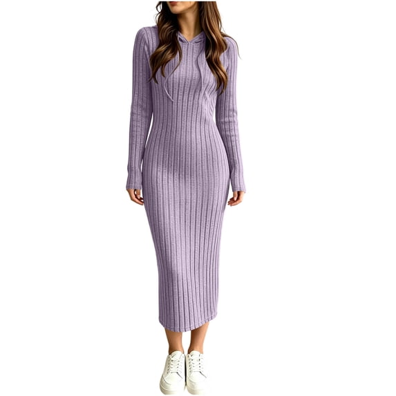 Levmjia Womens Solid Color Hooded Midi Dress Drawstring Long Sleeve Slim Bodycon Hoodie Dress Stretchy Casual Outfit Daily Autumn Winter Leisure