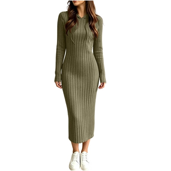Levmjia Womens Solid Color Hooded Midi Dress Drawstring Long Sleeve Slim Bodycon Hoodie Dress Stretchy Casual Outfit Daily Autumn Winter Leisure