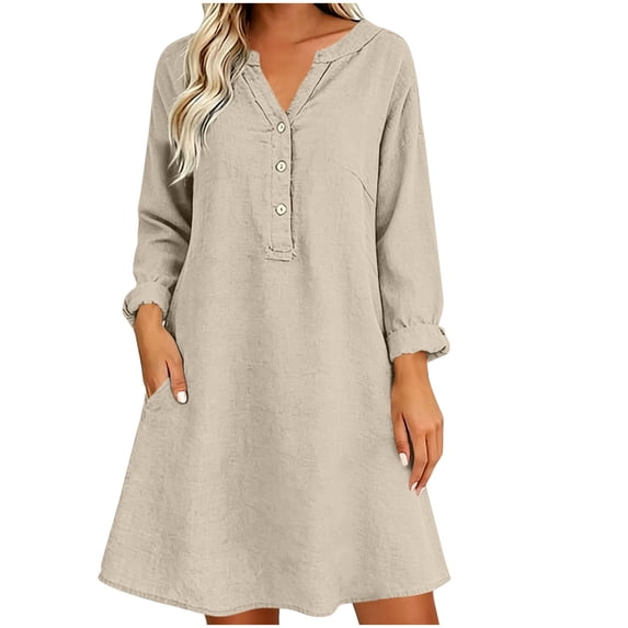 Levmjia Womens Solid Cotton Linen Midi Dress V Neck Button Long Sleeve Loose Casual Shift Dress Lightweight Breathable Dress Daily Vacation Casual Outdoor