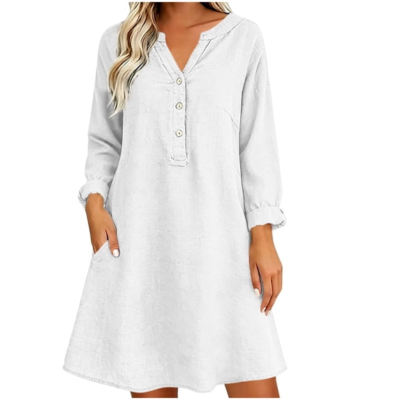 Levmjia Womens Solid Cotton Linen Midi Dress V Neck Button Long Sleeve Loose Casual Shift Dress Lightweight Breathable Dress Daily Vacation Casual Outdoor