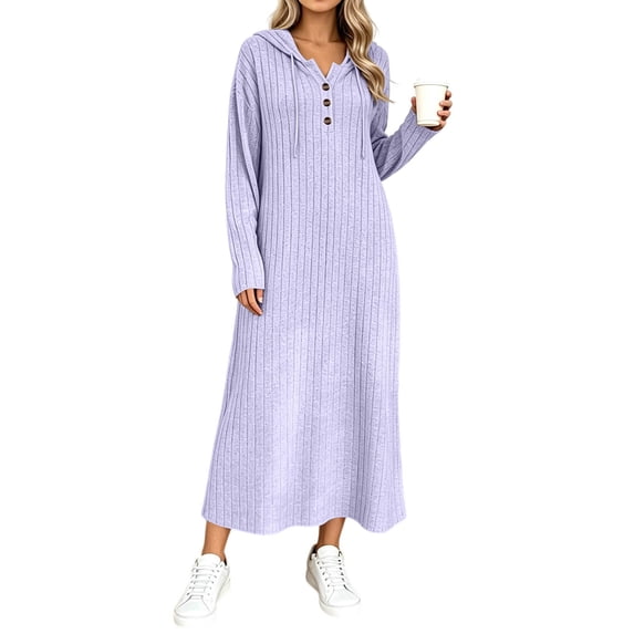 Levmjia Womens Solid Hooded Maxi Dress V Neck Button Long Sleeve Drawstring Waist Loose Casual Long Dress Daily Wear Autumn Winter