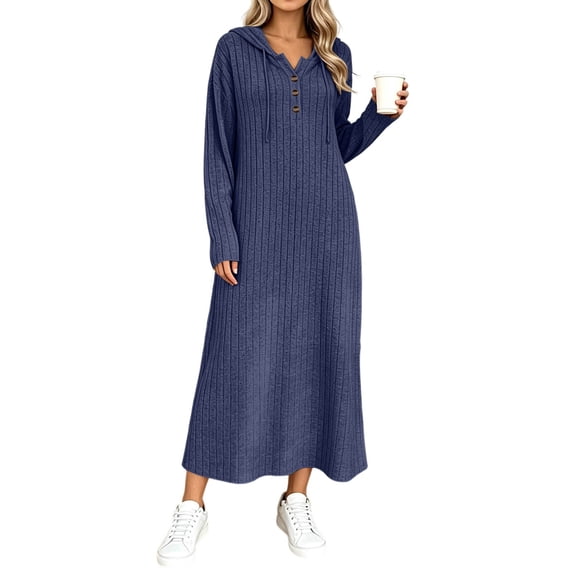 Levmjia Womens Solid Hooded Maxi Dress V Neck Button Long Sleeve Drawstring Waist Loose Casual Long Dress Daily Wear Autumn Winter