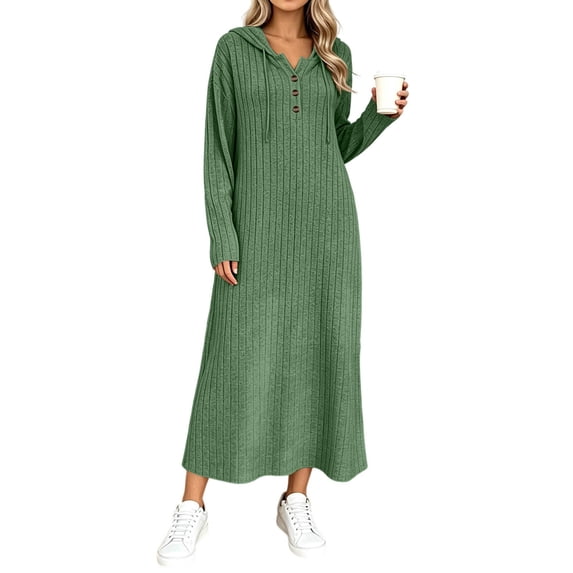 Levmjia Womens Solid Hooded Maxi Dress V Neck Button Long Sleeve Drawstring Waist Loose Casual Long Dress Daily Wear Autumn Winter