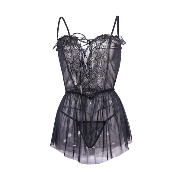 Levmjia Womens Spaghetti Strap Lace One Piece Lingerie Set Floral Sheer Mesh Bodysuit Adjustable Thin Straps Soft Lightweight Sleepwear Date Nights
