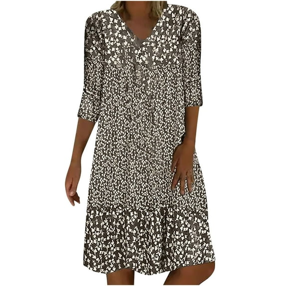 Levmjia Womens Spring Dresses Casual V-Neck Print Dress 3/4 Sleeve Mini Lightweight Soft Polyester Fashionable Everyday Wear Comfortable Fold Design