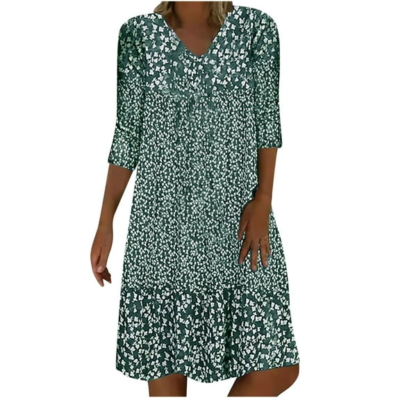 Levmjia Womens Spring Dresses Casual V-Neck Print Dress 3/4 Sleeve Mini Lightweight Soft Polyester Fashionable Everyday Wear Comfortable Fold Design