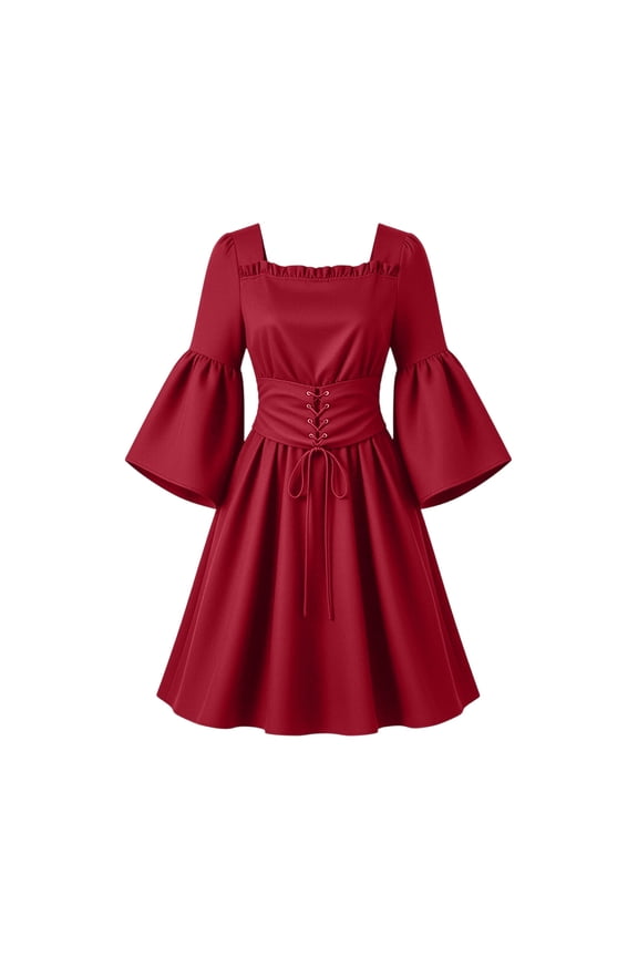 Womens Square Neck Midi Dress Bell Sleeve Solid Vintage Dress Costume Flared A Line Dress Halloween Party Holiday