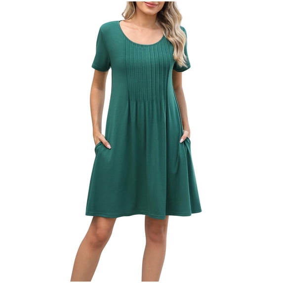 Levmjia Womens Summer Casual Dress Short Sleeve Round Neck Pleated Solid Polyester Comfortable Loose Fit Pockets Versatile All Occasion Wear Multi Color Options