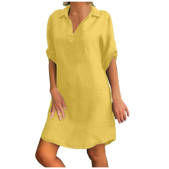Levmjia Womens Summer Dress Casual V Neck Short Sleeve Cotton Blend Loose Fit Solid Color SunBeach Vacation Outfit Multiple Colors Available