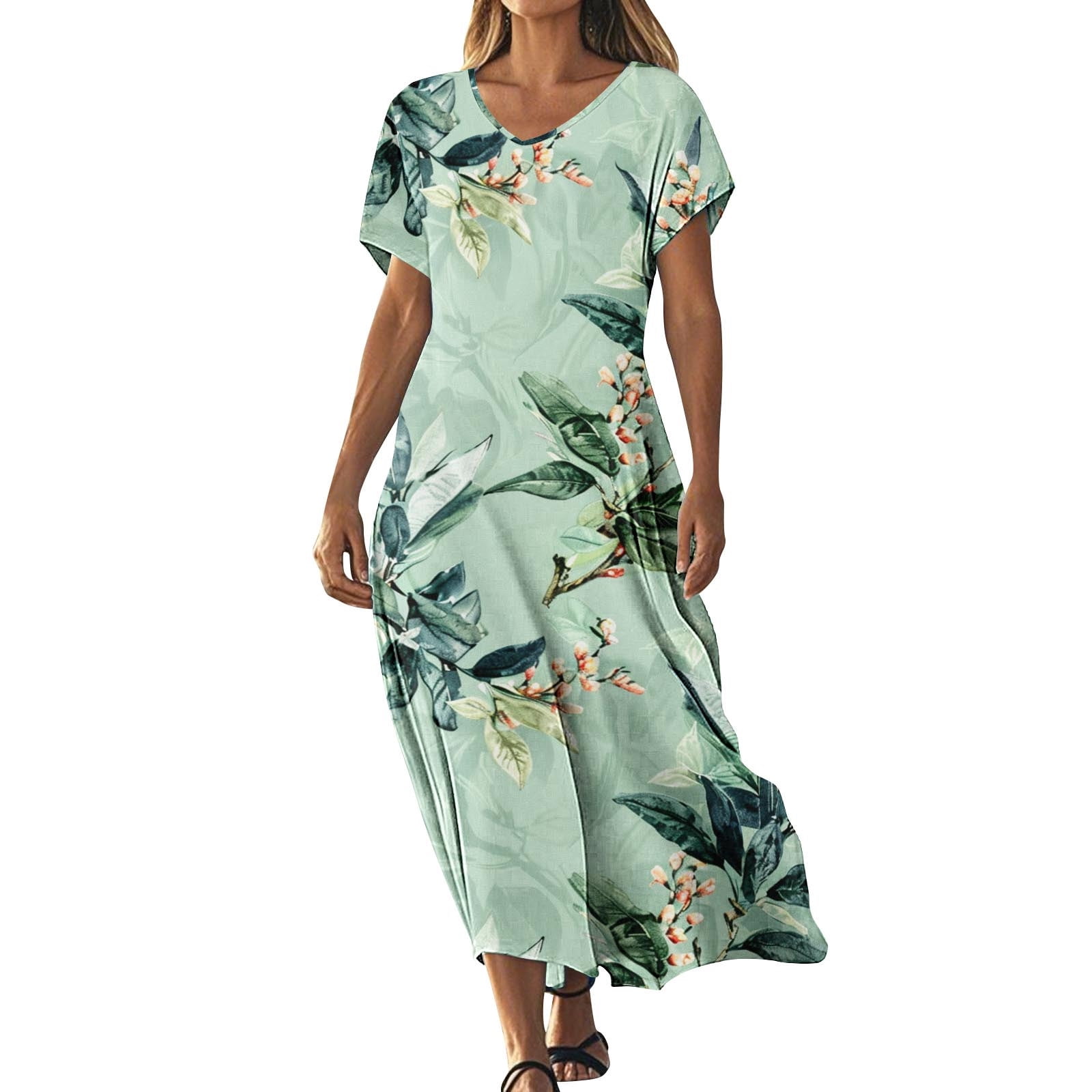 Levmjia Womens Summer Dress Casual V Neck Short Sleeve Flowy Polyester ...