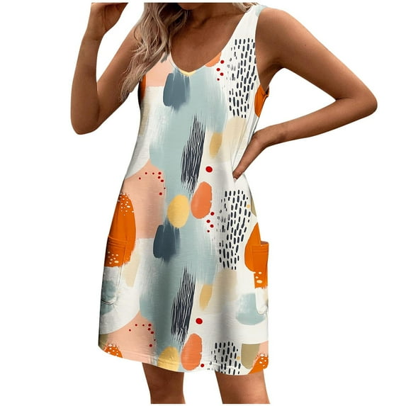Levmjia Womens Summer Dress Sleeveless V Neck Casual Polyester Comfortable Flowy Vacation Beach Dress with Pockets Multi Colors Available