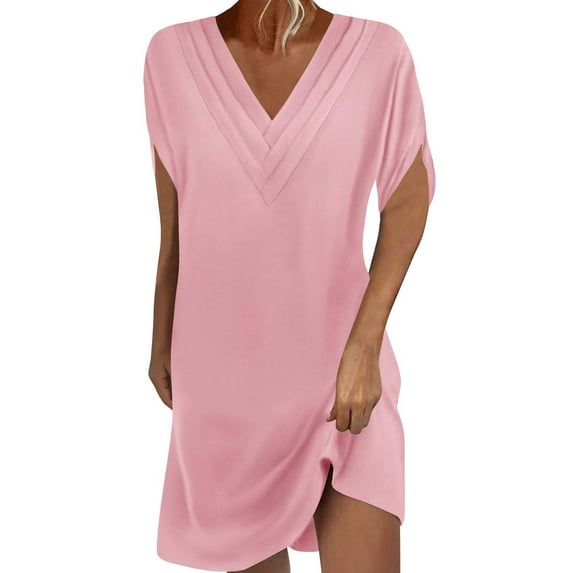 Levmjia Womens Casual Dresses V-Neck Summer Casual Dress Short Sleeve Stretchy Cotton-Like Solid Color Beach Office Vacation Multi-Size Available