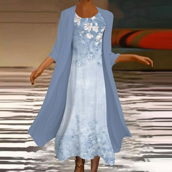 Levmjia Womens Summer Dresses Flowy Elegant Floral Print Dress and 3/4 Sleeve Coverups Round Neck Two-Piece Set Plus Size Sleeveless Maxi Dress