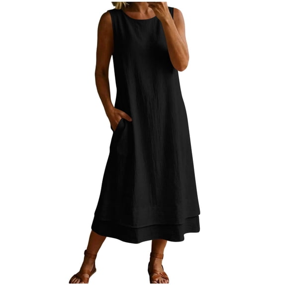 Levmjia Womens Dresses Flowy Elegant Solid Color Dress and Sleeveless Round Neck One-Piece Set Plus Size Sleeveless Commute Maxi Dress