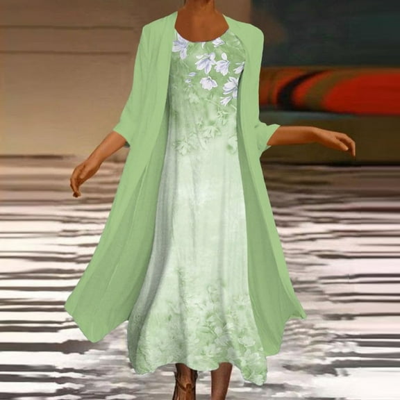 Levmjia Womens Summer Dresses Flowy Elegant Floral Print Dress and 3/4 Sleeve Coverups Round Neck Two-Piece Set Plus Size Sleeveless Maxi Dress