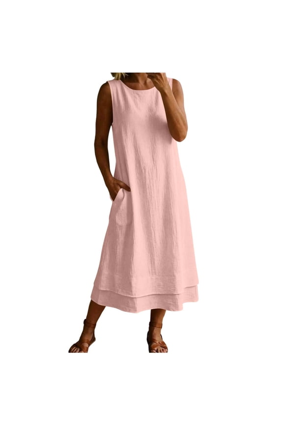 Womens Dresses Flowy Elegant Solid Color Dress and Sleeveless Round Neck One-Piece Set Plus Size Sleeveless Commute Maxi Dress