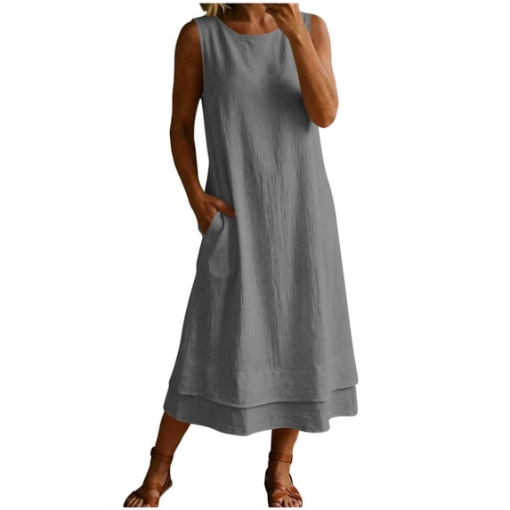 Levmjia Womens Dresses Flowy Elegant Solid Color Dress and Sleeveless Round Neck One-Piece Set Plus Size Sleeveless Commute Maxi Dress