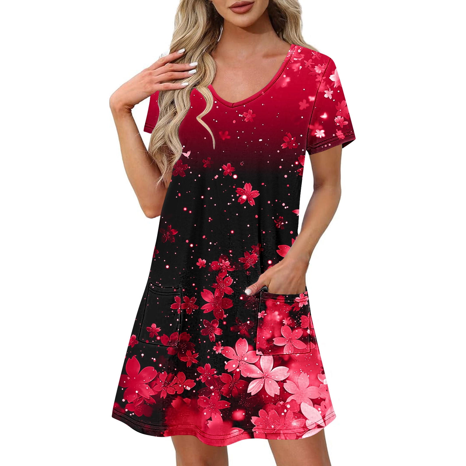 Women,s Dress Long Fashion Vacation Party Dresses Short Sleeve V-neck Slit Solid High Quality