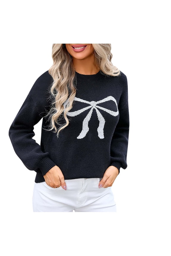 Womens Sweater Bow Print Acrylic Knitted Crew Neck Long Sleeve Casual Loose Fit Lightweight Comfortable Fall Winter Office Daily Wear