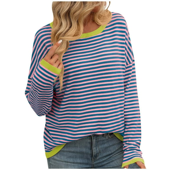Levmjia Womens Sweater Casual Long Sleeve Crew Neck Striped Pullover Soft Comfortable Knit Top for Fall Winter Office Daily Wear