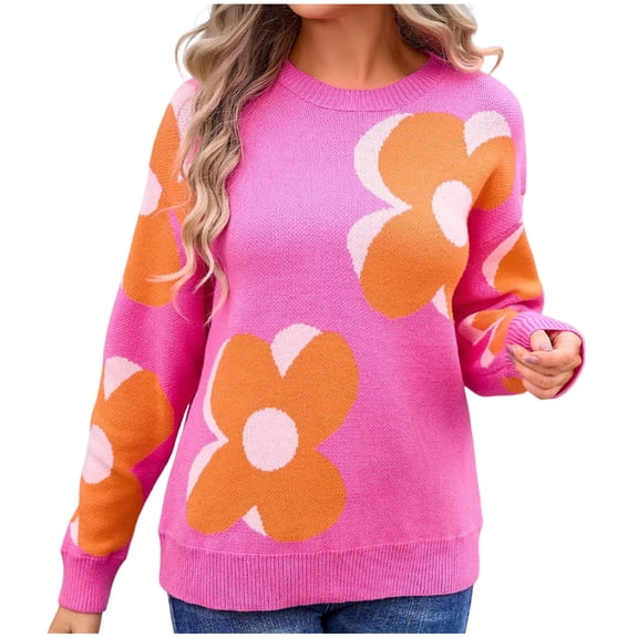 Levmjia Womens Sweater Casual Long Sleeve Round Neck Floral Print Head Pullover Soft Acrylic Top For Fall Autumn And Winter Daily Wear