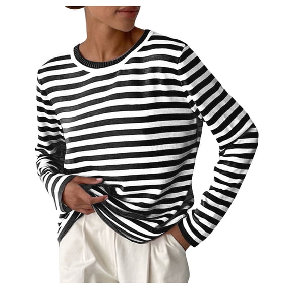 Levmjia Womens Sweater Casual Striped Knitted Crew Neck Long Sleeve Soft Acrylic Undershirts Top For Winter Fall Daily Wear