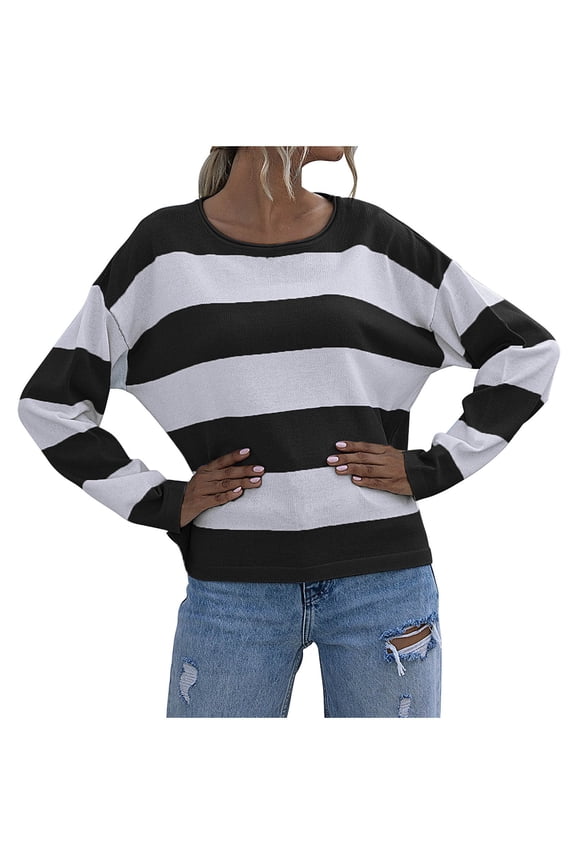 Womens Sweater Casual Striped Vintage Knitted Crew Neck Long Sleeve Soft Acrylic Undershirts Top For Winter Fall Daily Wear