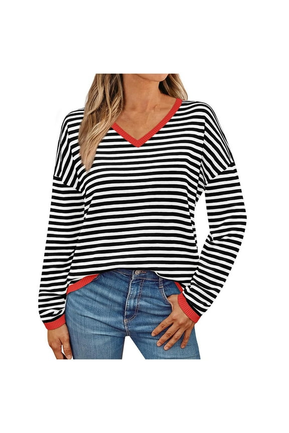 Womens Sweater Crew Neck Long Sleeve Striped Knitted Pullover Soft Comfortable Casual Loose Fit Tops for Fall Winter Office