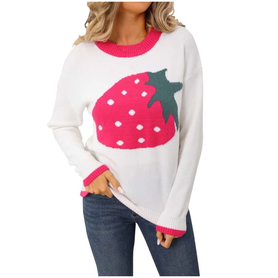 Levmjia Womens Sweater Knit Tops Cable Knit Pullover Contrast Color Strawberry Printing Long Sleeve Round Neck Winter Casual Comfortable Soft Warm Cozy