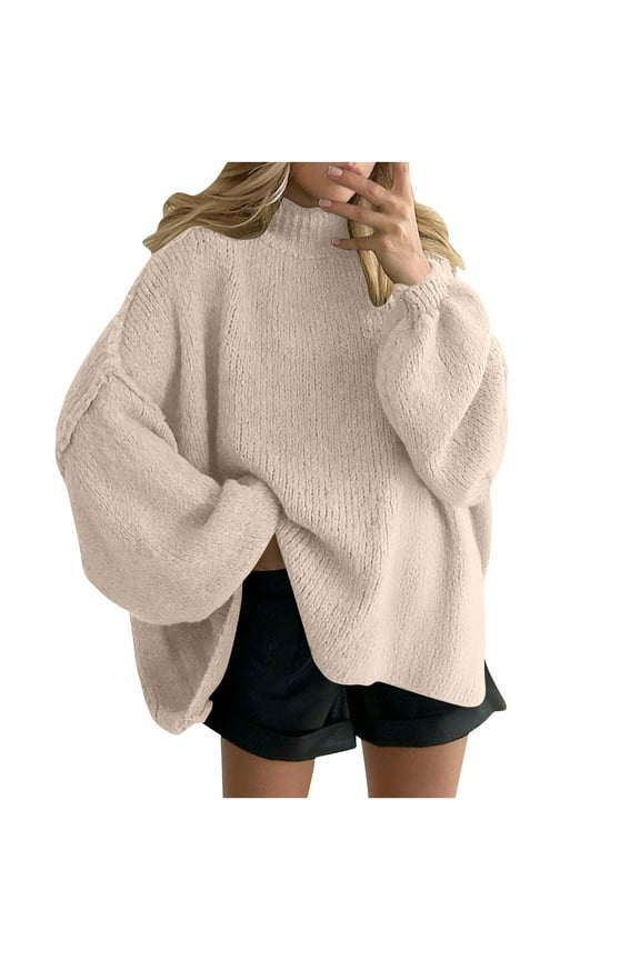 Womens Sweater Knit Tops Cable Knit Pullover Solid Color Long Sleeve High Collar Winter Casual Comfortable Soft Warm Cozy