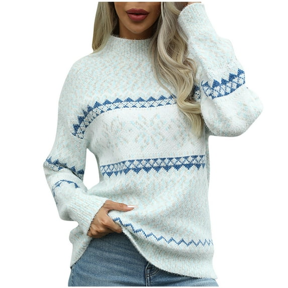 Levmjia Womens Sweater Knitted Long Sleeve High Neck Stripe Printing Solid Color Long Sleeve Winter Warm Cable Pullover Soft Comfortable Casual Wear