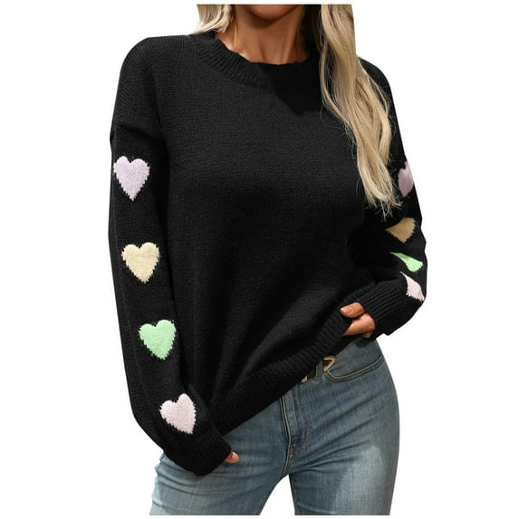 Levmjia Womens Sweater Love Stitching Solid Color Round Neck Knit Winter Warm Cable Knit Long Sleeve Casual Comfortable Soft Cozy Pullover Top