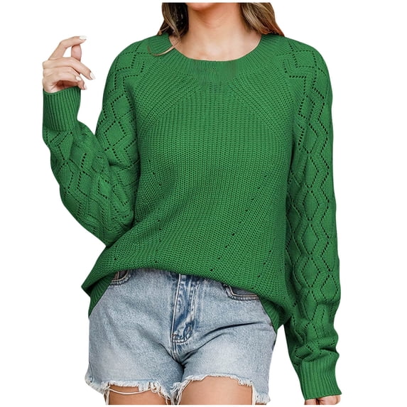 Levmjia Womens Sweaters Soft Cable Hollow Knitting Casual Crewneck Long Sleeve Pullover Sweater For Winter Fall Office Comfortable Lightweight Elegant Tops