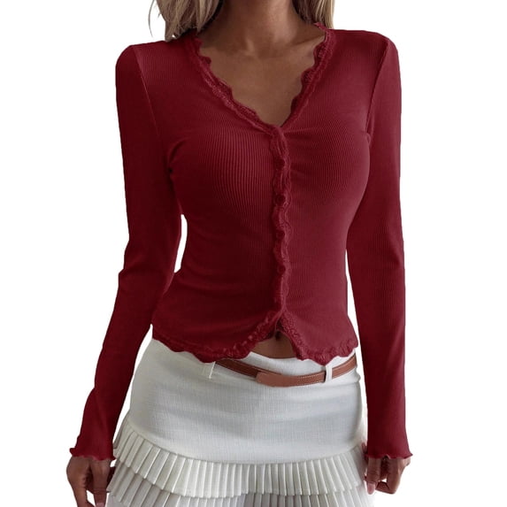 Levmjia Womens Sweatshirt Top Lace Long Sleeve V-Neck Cardigan Solid Color Casual Loose Fit Pullover Comfortable Soft Holiday Breathable Work Home Relaxation Everyday Wear