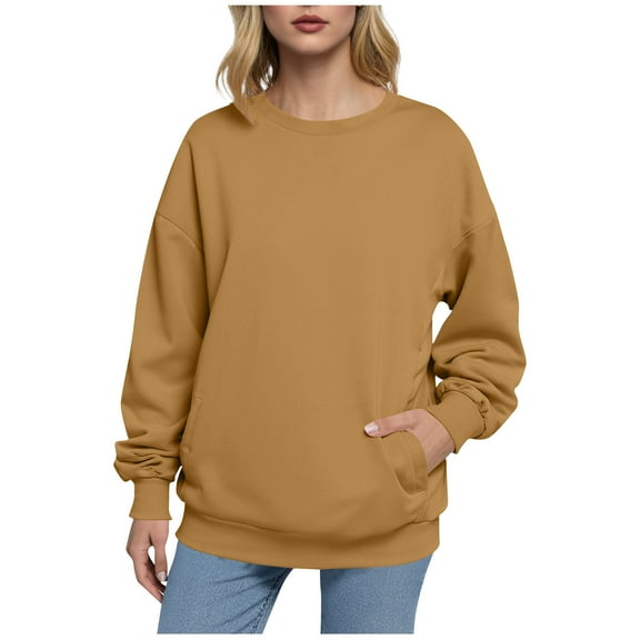 Levmjia Womens Sweatshirts Long Sleeve Cotton Casual Solid Color Round Neck Tops Comfortable Loose Fit Pullover For With Pocket Commute Holiday Travel And Home Relaxation
